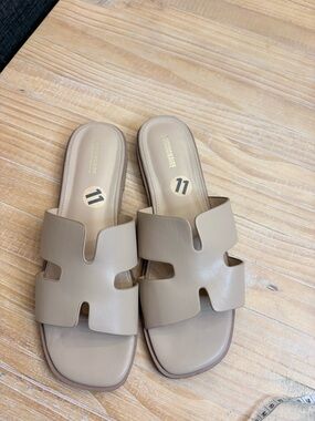 Women's Taupe Slide Sandals by JUSTINRIQUE - Open Cutout Upper